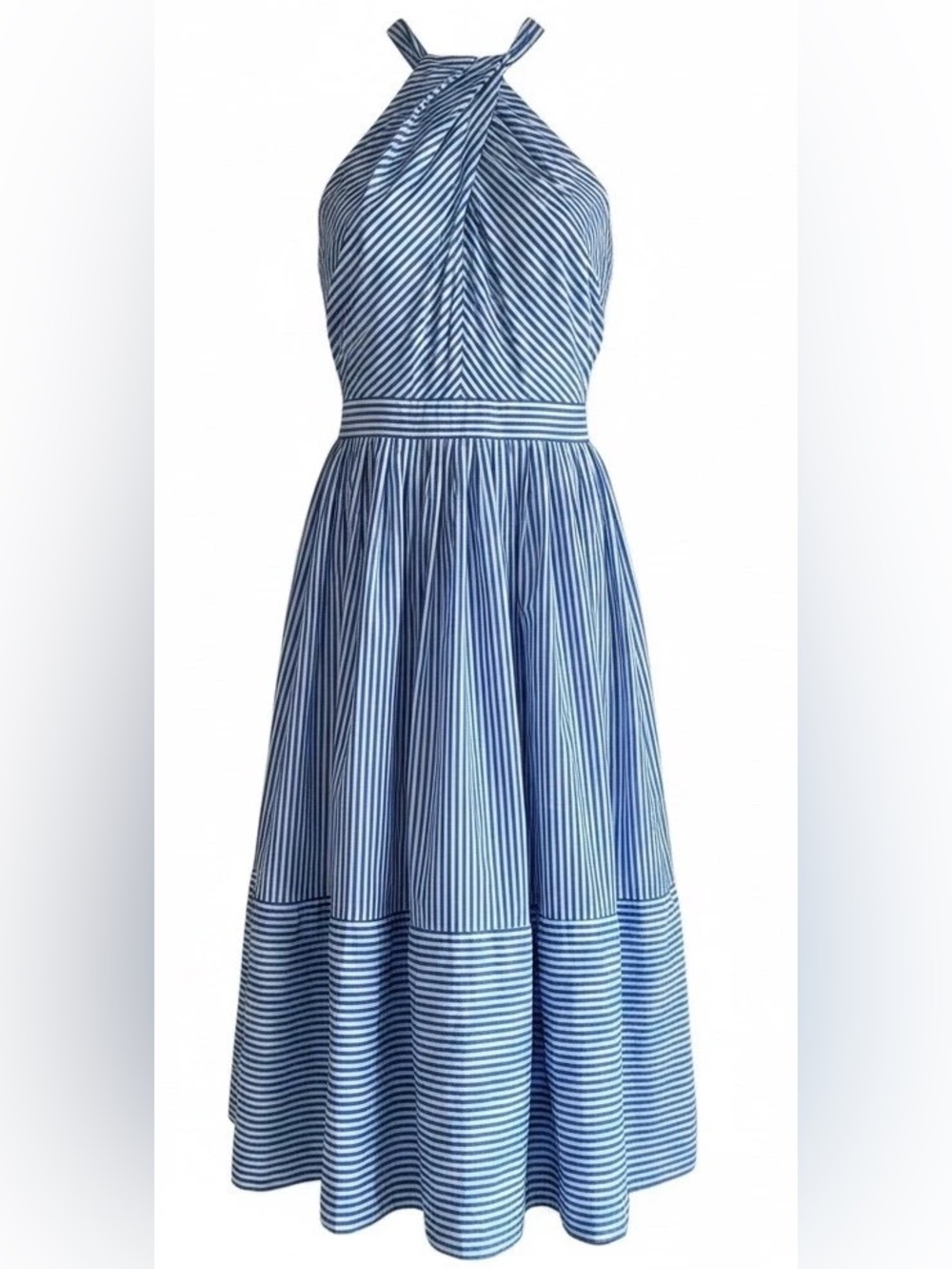 Gal Meets Glam Claire Blue White Striped Halter Midi Dress Size 4